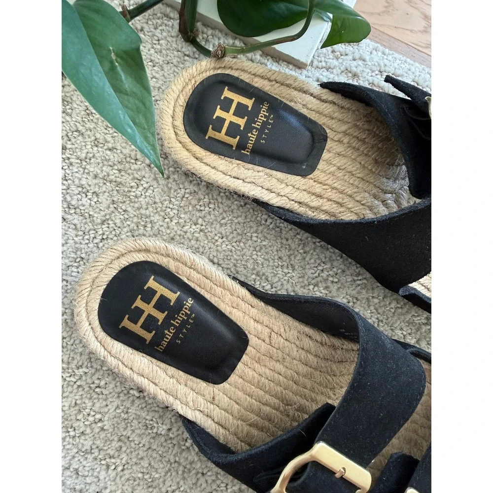 NEW Haute Hippie Nikki Black Suede Buckle Slide Sandals ESPADRILLE WOMEN 9